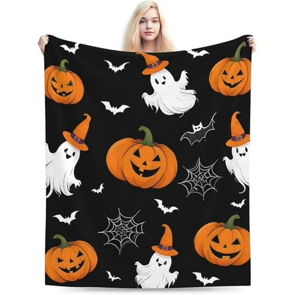 Fleece Throw Blanket Pumpkin Ghost Bat Blanket for Women Adults Pumpkins Decorations for Bed Sofa Travel All Season Pets 60"X50"