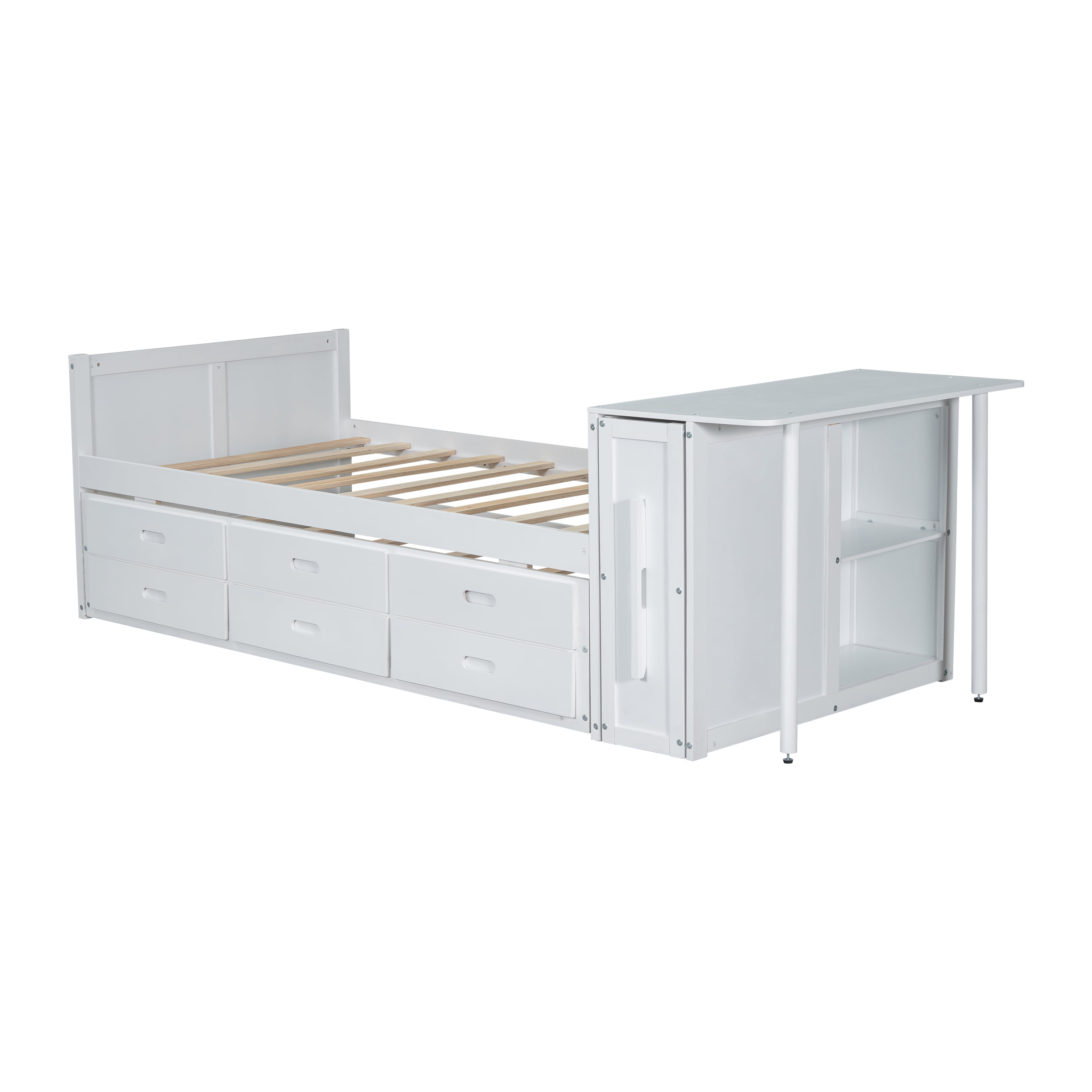 Mintazer Twin Size Bed with Trundle Bed & Storage Shelves, Platform Bed with 3 Drawers & Desk for Small Guest Room Kids Bedroom, White