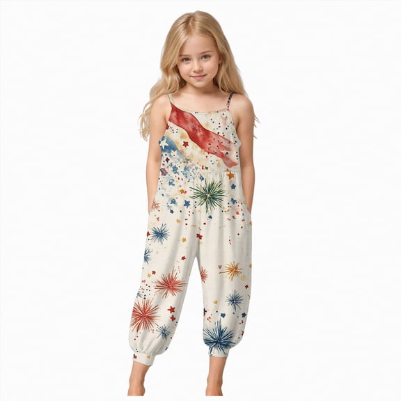 WUANDIXFA Girl Jumpsuit Toddler Girl 4th Of July Outfit USA Flag Overalls Romper Jumpsuit Independence Day Clothes Fourth Of July Outfits 3-4 Years,Sky Blue