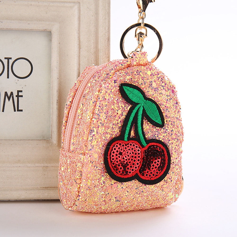 JuLam shining Sequins Keychains with Cherry Coin Purse Mini Satchel Trendy  Key Ring Girl Women Bag Jewelry 