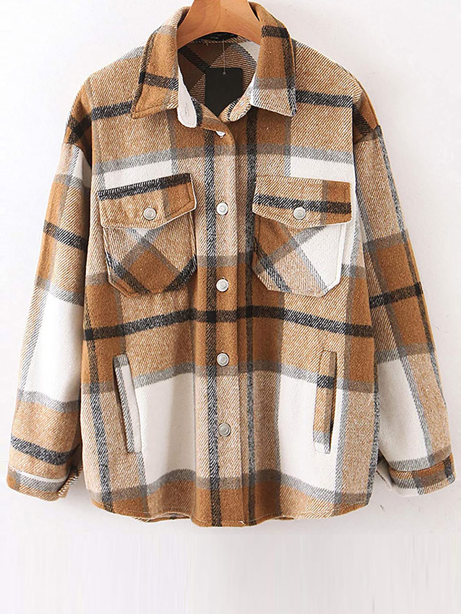 Women/‘s Casual Oversize Label Button Down Long Sleeve Blend Wood Plaid Shacket Jacket Coat