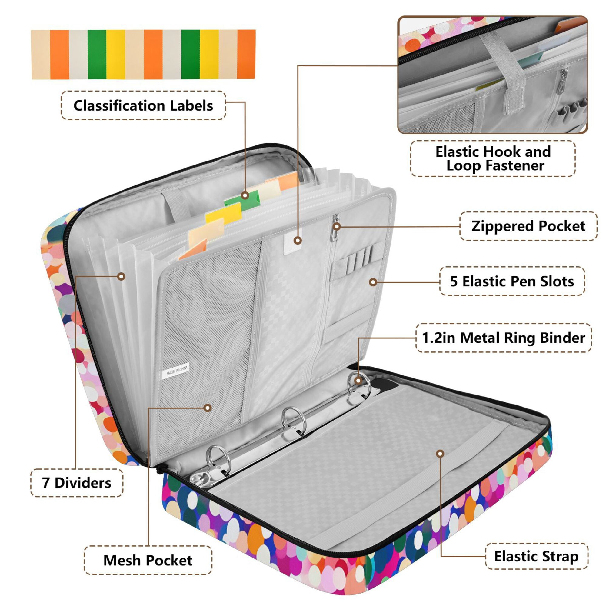 FORMRS Accordion File Folder A4 Size 7-Pocket Expanding Document Organizer Bag with 3 Ring Binder, Purple Colorful Circles