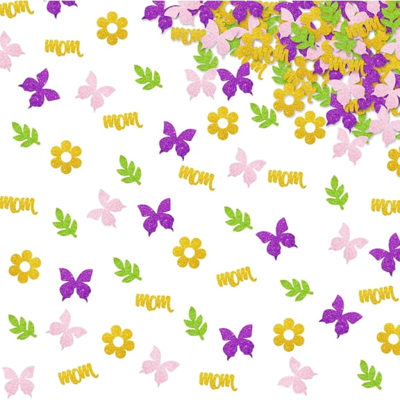 120Pcs Mother's Day Confetti, Mother's Birthday Table Confetti, Pink&Purple Glitter Butterfly Flower Table Scatter for Mom Birthday, Happy Mother's Day Party Decoration