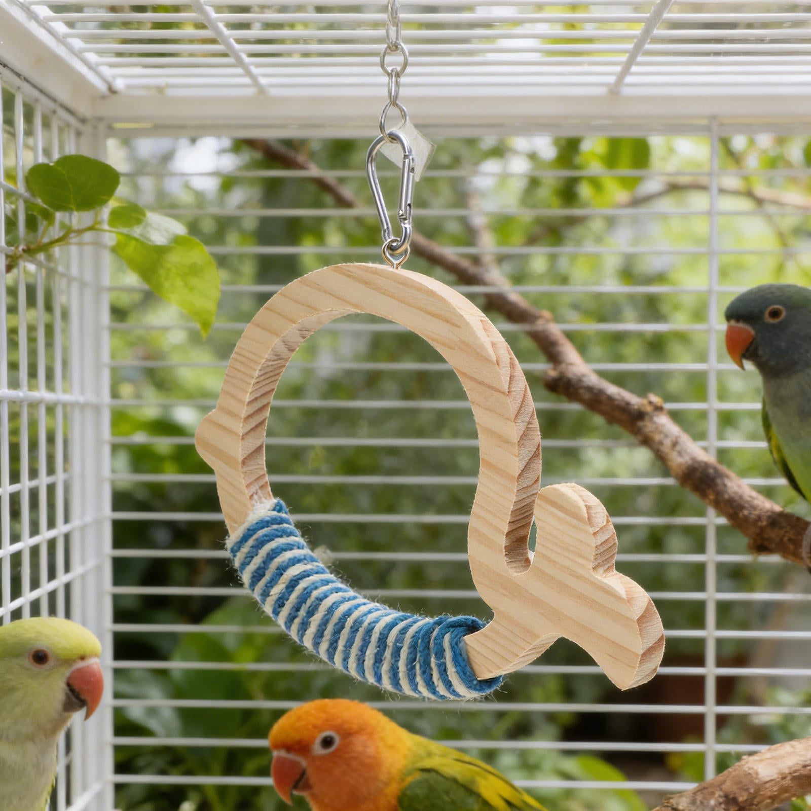 ETHZZLE Easy Install Wooden Bird Swing with Khaki Parrot Hammock and Natural Material Design