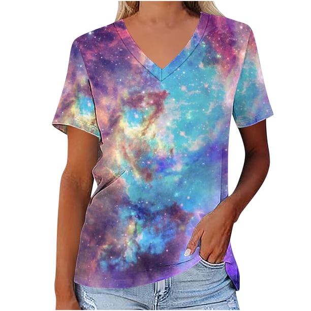 Fiudx Ropa de Mujer Camiseta de Manga Corta con Cuello En V Astral y Estampado de Galaxia Informal a La Moda para Mujer
