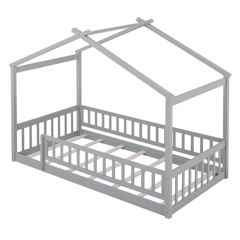 Twin Size Wood House Bed Floor Bed with Fence and Guardrails, Kids Playhouse Bed Toddler Bed Montessori Bed for Kids Boys Girls, No Box Spring Needed