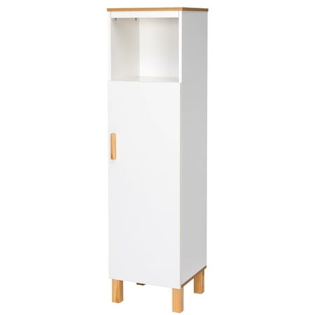 Solid Wood Foot Single Door Bathroom Cabinet White & Wood Grain Color