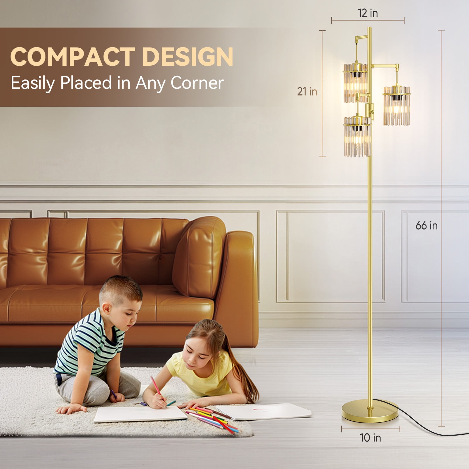 Industrial Modern Floor Lamps for Living Room, Dimmable Glass Tree Standing Tall Lamps with 3 Elegant Teardrop Cage Head & 800 Lumens LED Bulbs for Bedroom Office (Gold)