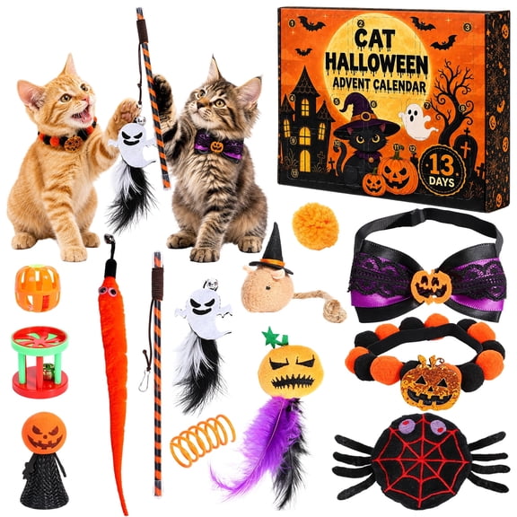 Yhh Cat Halloween Advent Calendar, 13 Days Halloween Countdown Calendar for Cats with Interactive Toys, Feather Wand and Costume Accessories, Gifts