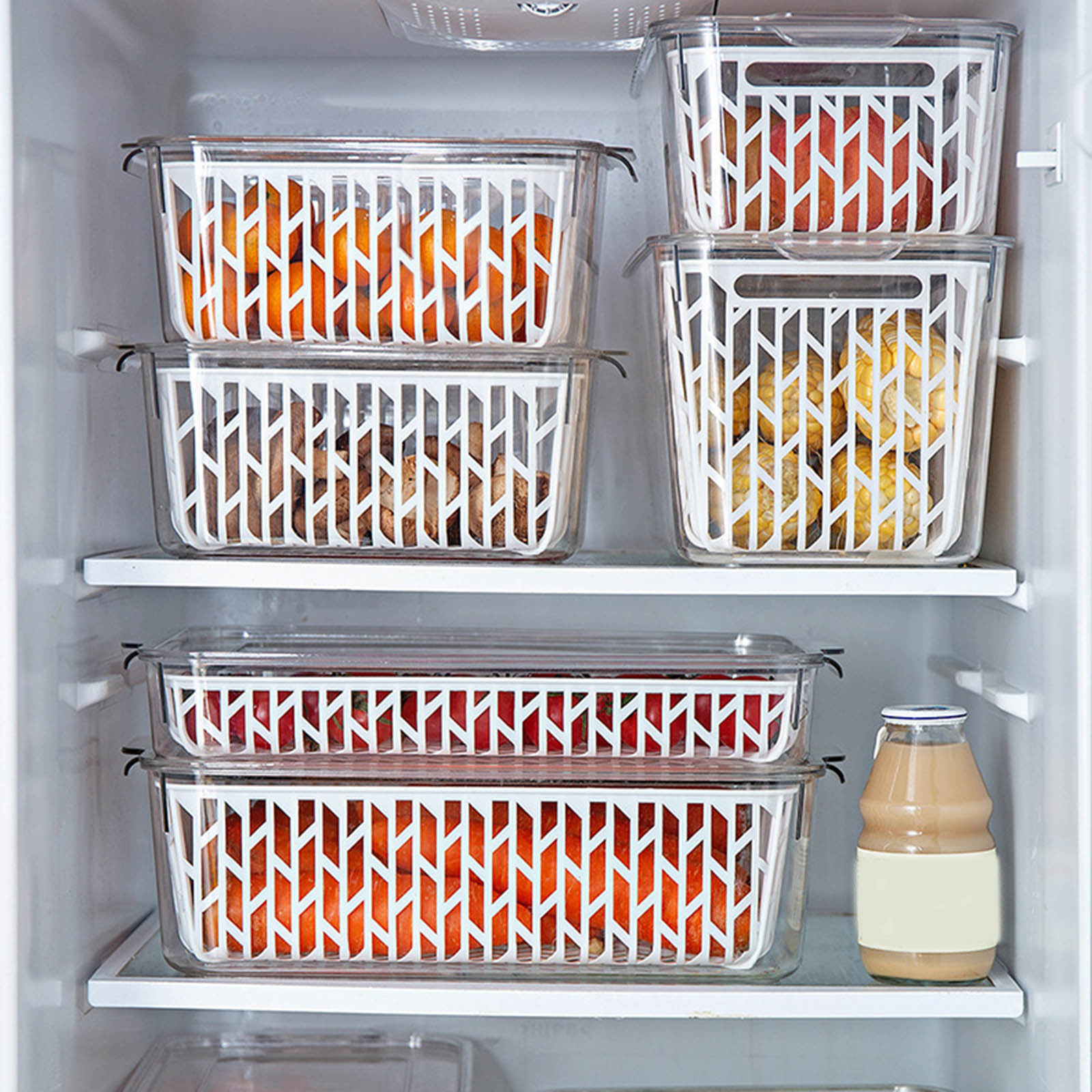 Modular Refrigerator Fresh-Keeper System with Drainage Grid - Food-Grade Sealed Container for Vegetable Hydration, Fruit Preservation & Egg Stacking | BPA-Free Crisper Organizer(13.19x6.5x3.94")