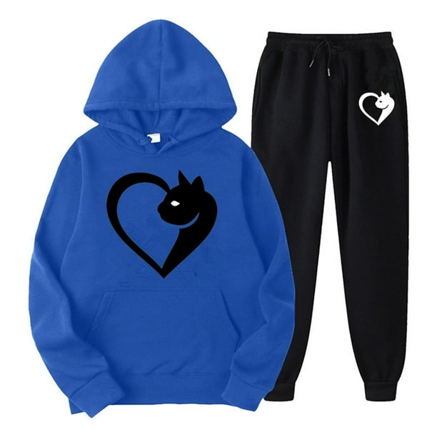 Gibobby Sudaderas de Forro Polar y Pantalones Sudadera con capucha y pantalones con cuello redondo y manga larga con estampado de y corazón para mujer, trajes(Azul,XL)