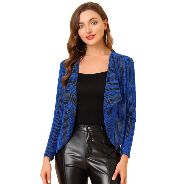 INSPIRE CHIC Cardigan Court à Manches Longues Scintillantes Col Drapé pour Femmes Bleu G