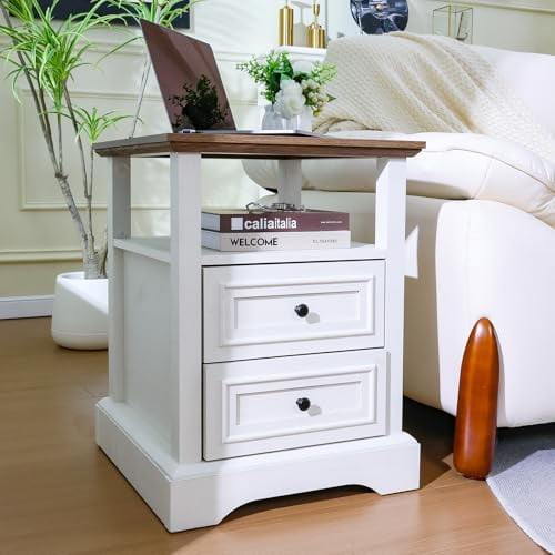 ALBAD 18" Farmhouse Nightstand with Charging Station,2 Drawers End Table,Wood Side Table with Open Shelf,Bedside Cabinet for Bedroom,Living Room,White