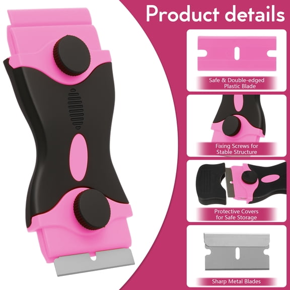 Blade Scraper Tool Scraper with 10 Metal and 10 Plastic Blades Sticker Cleaning Remover for Glass Decals Tint Stickers Labels Caulk Adhesive，Pink