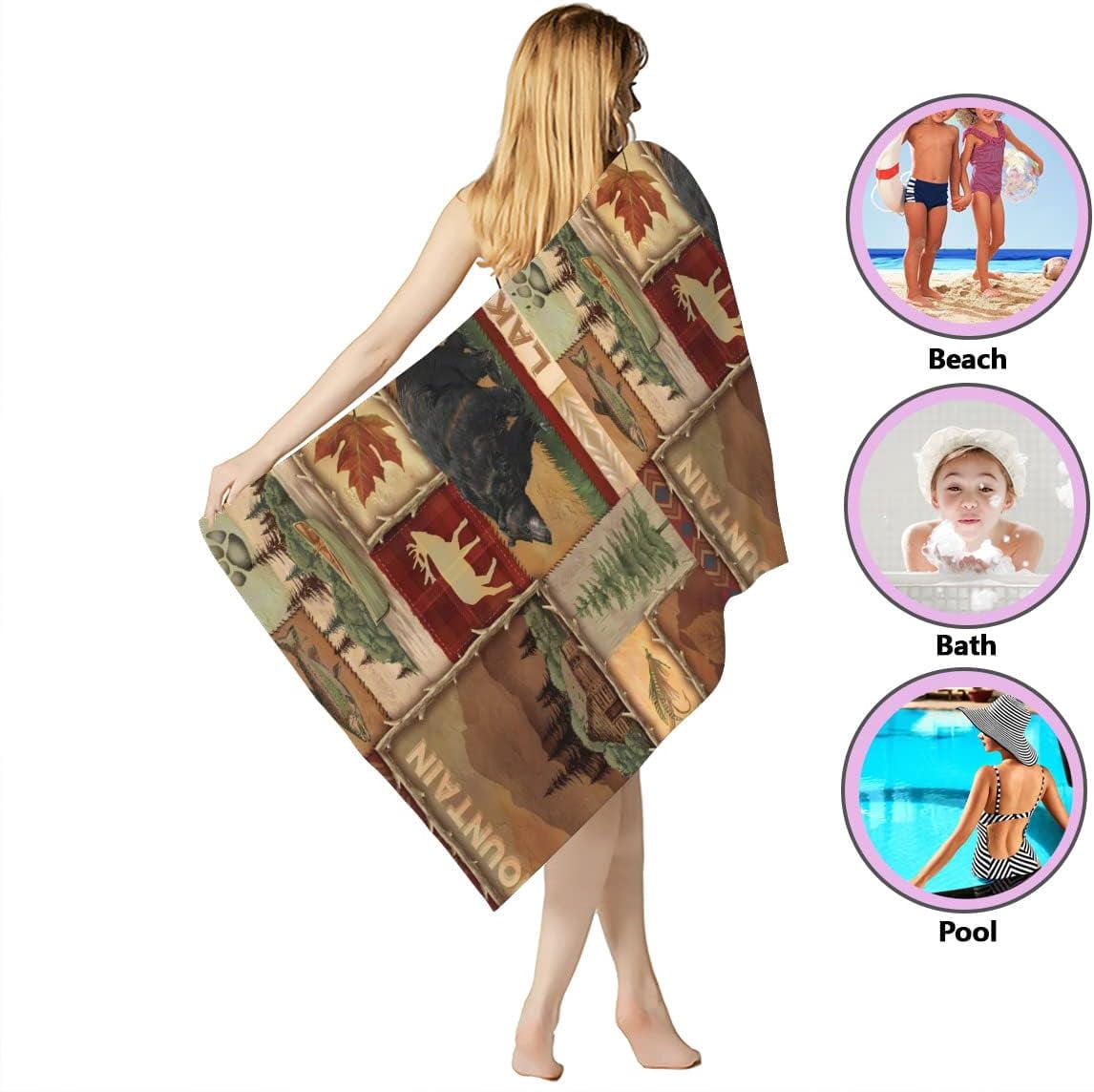 Retro Rustic Beach Towel, Moose Deer Bear Leaf Tree Country Style Farmhouse Microfiber Ultra Soft Quick Dry Highly Absorbent Bath Towels for Beach Party Outdoor Travel Swim Pool Yoga 33x52 Inch
