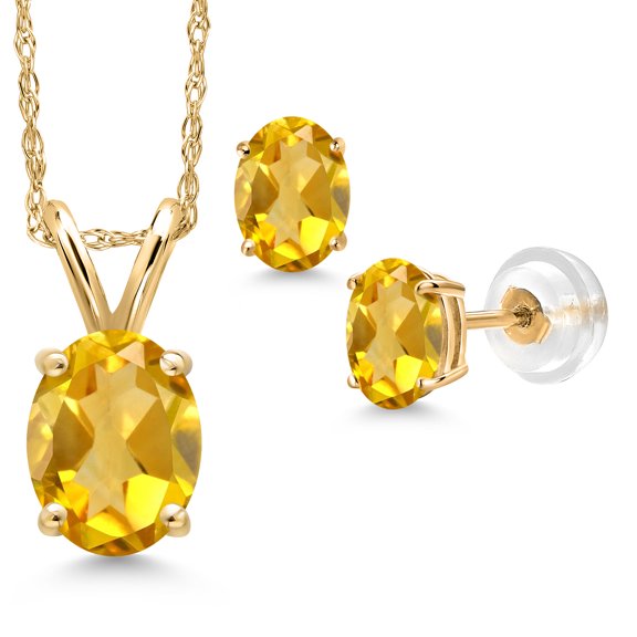 Gem Stone King 14K Yellow Gold Yellow Citrine Pendant Earrings Jewelry Set for Women | 2.40 Cttw | Gemstone November Birthstone | Oval 9X7MM | with 18 inch Chain