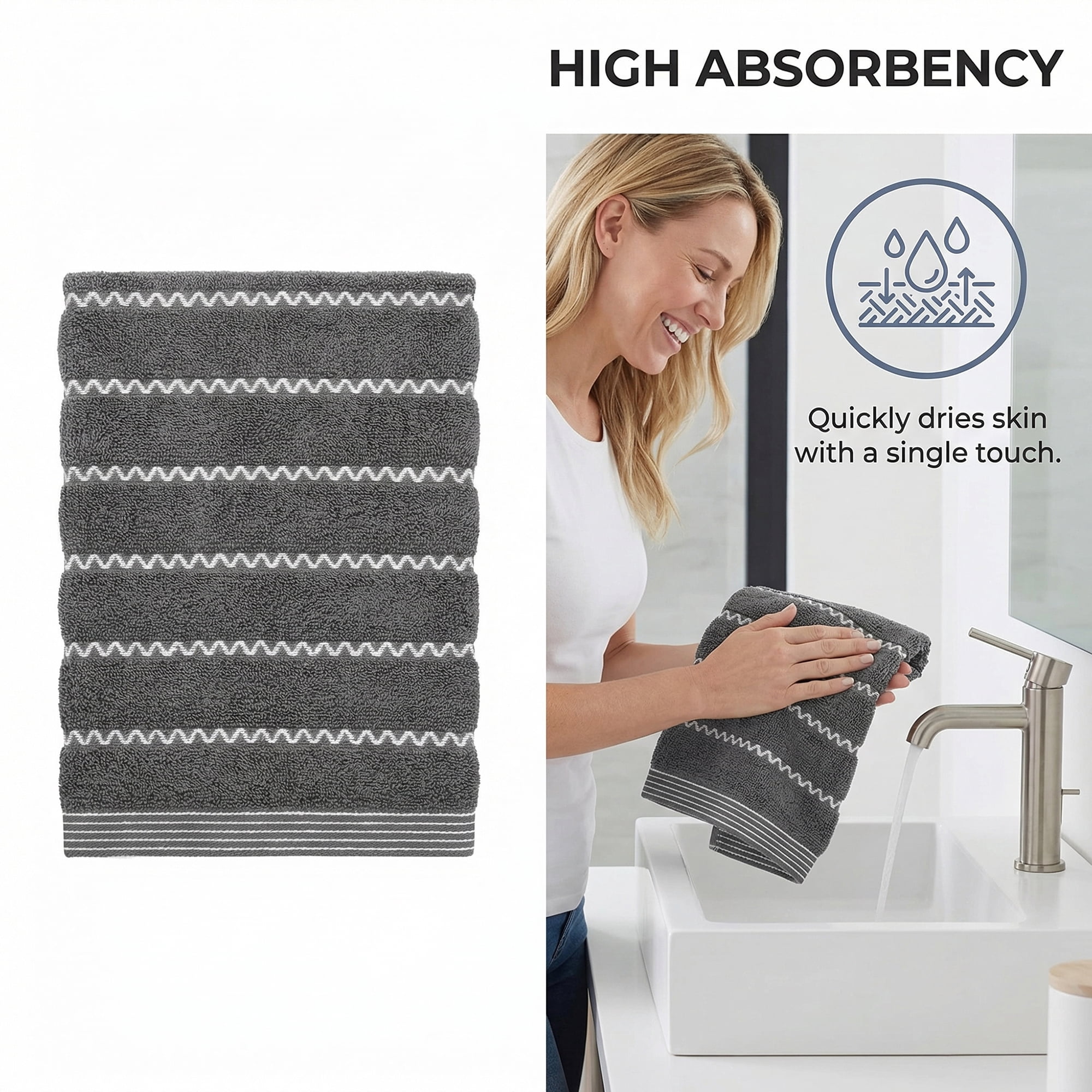 Unique Bargains 2Pcs Pure Cotton Wavy Stripe Absorbent Hand Towels Dark Grey 29" x 13"