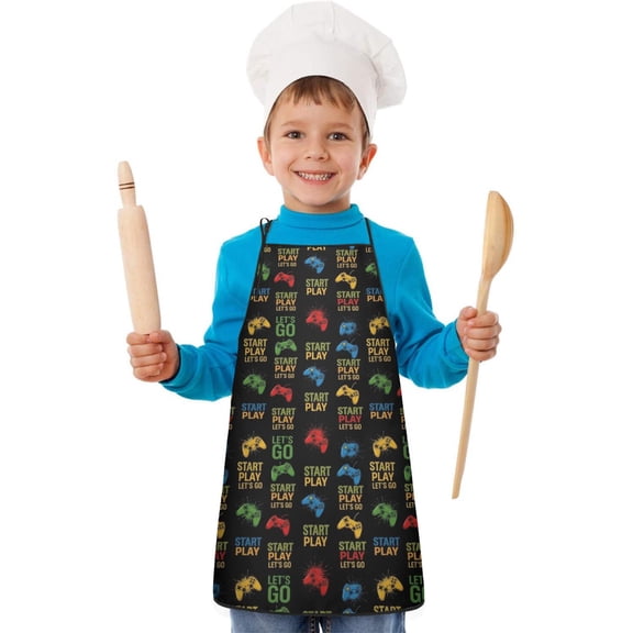 Colorful Games Symbol Black Pattern Kids Aprons for Girls and Boys,Adjustable Neck Strap Toddler Aprons for Kids Cooking Baking
