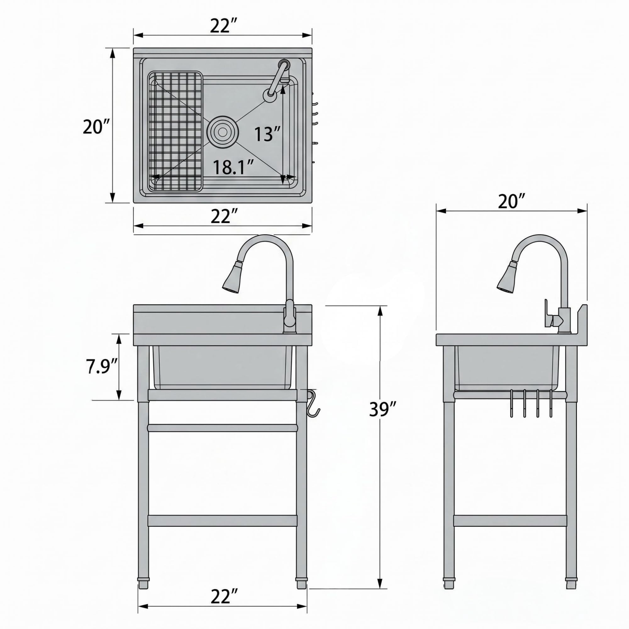 Kicctian Stainless Steel Utility Sink, 22'' × 20'' × 39'' Freestanding Stainless Steel Single Bowl Laundry Sink with swivel horn style faucets for Kitchen, Bathroom, Garage or Basement