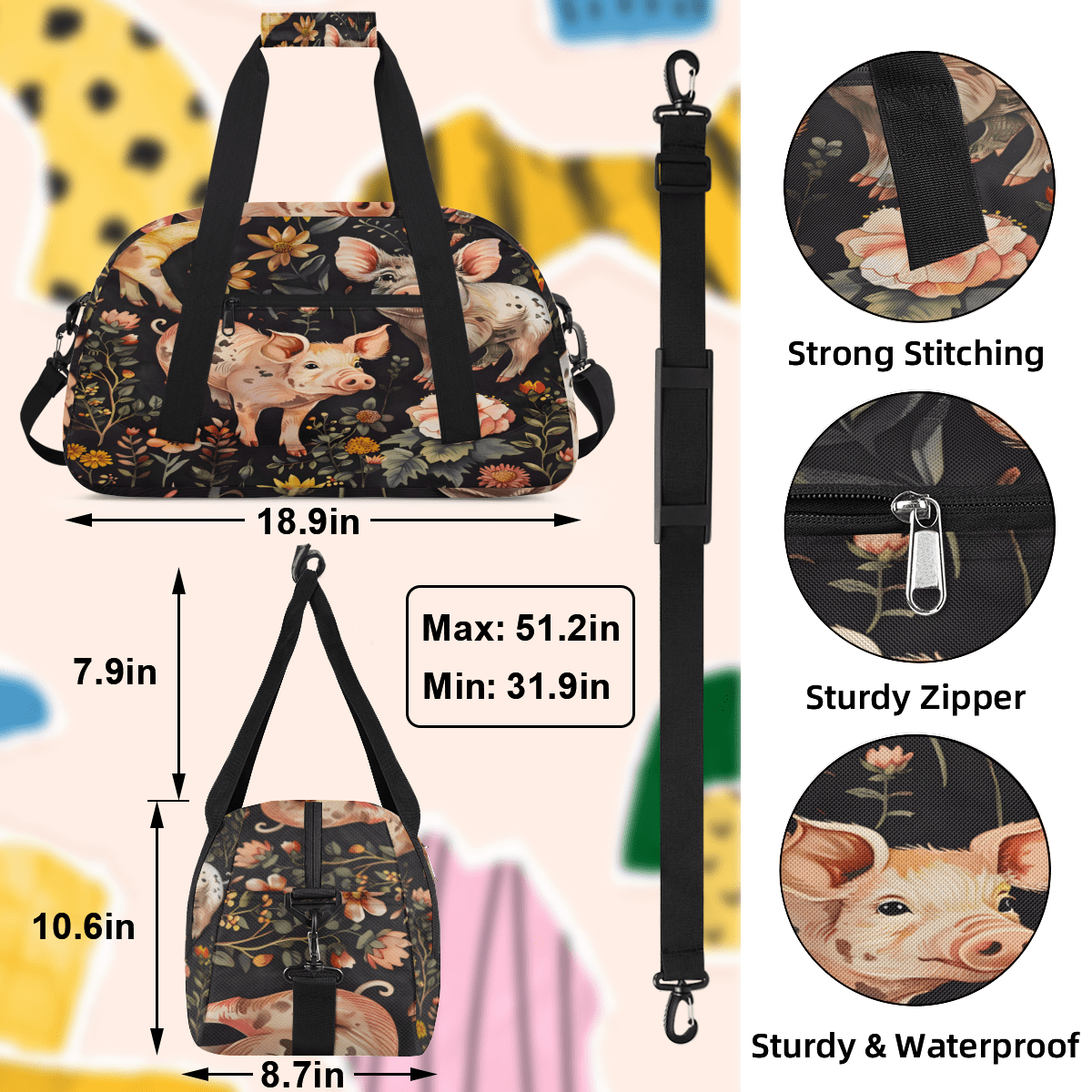 Herdesigns Sports Duffle Bags Travel Duffle Bag Gym Bag Floral Pig Animal Weekender Travel Bag Waterproof Overnight Bag Carry On Travel Tote Bag Dance Bags