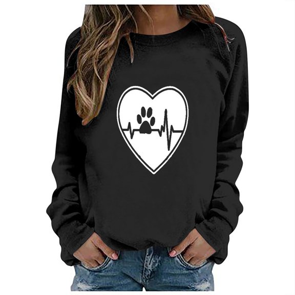 DDAPJ pyju Womens Dog Paw Graphic Long Sleeve Cerwneck Sweatshirts,Heartbeat Print Cute Pullover Sweatshirt Long Sleeve Crewneck Tunic Tops Gifts for Pet Lover