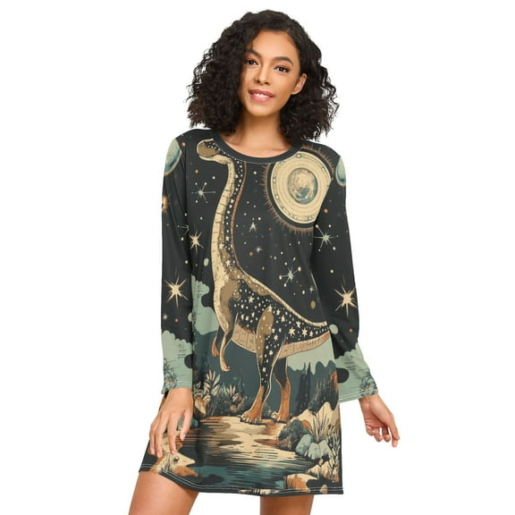 FORMRS Womens Long Sleeve Nightgowns Crew Neck Sleep Shirt Soft Pajamas Sizes S-3XL, Black Dinosaur