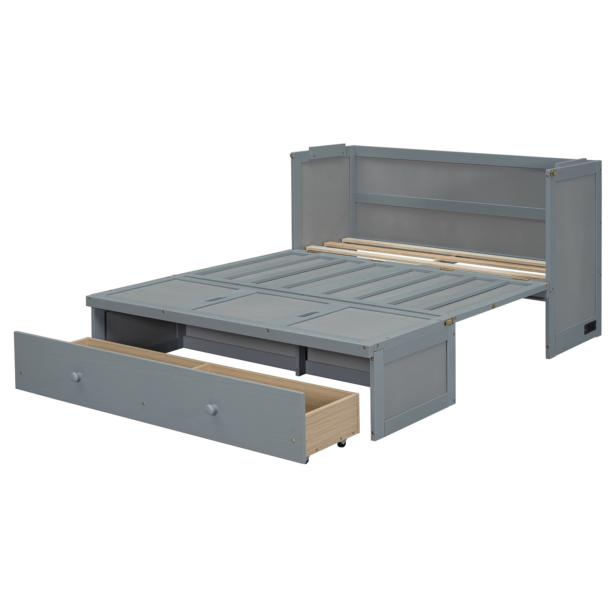 Mintazer Full Murphy Bed with Storage Drawer & Charging Station, Modern Foldable Cabinet Bed for Bedroom Apartment Guest Room, Gray