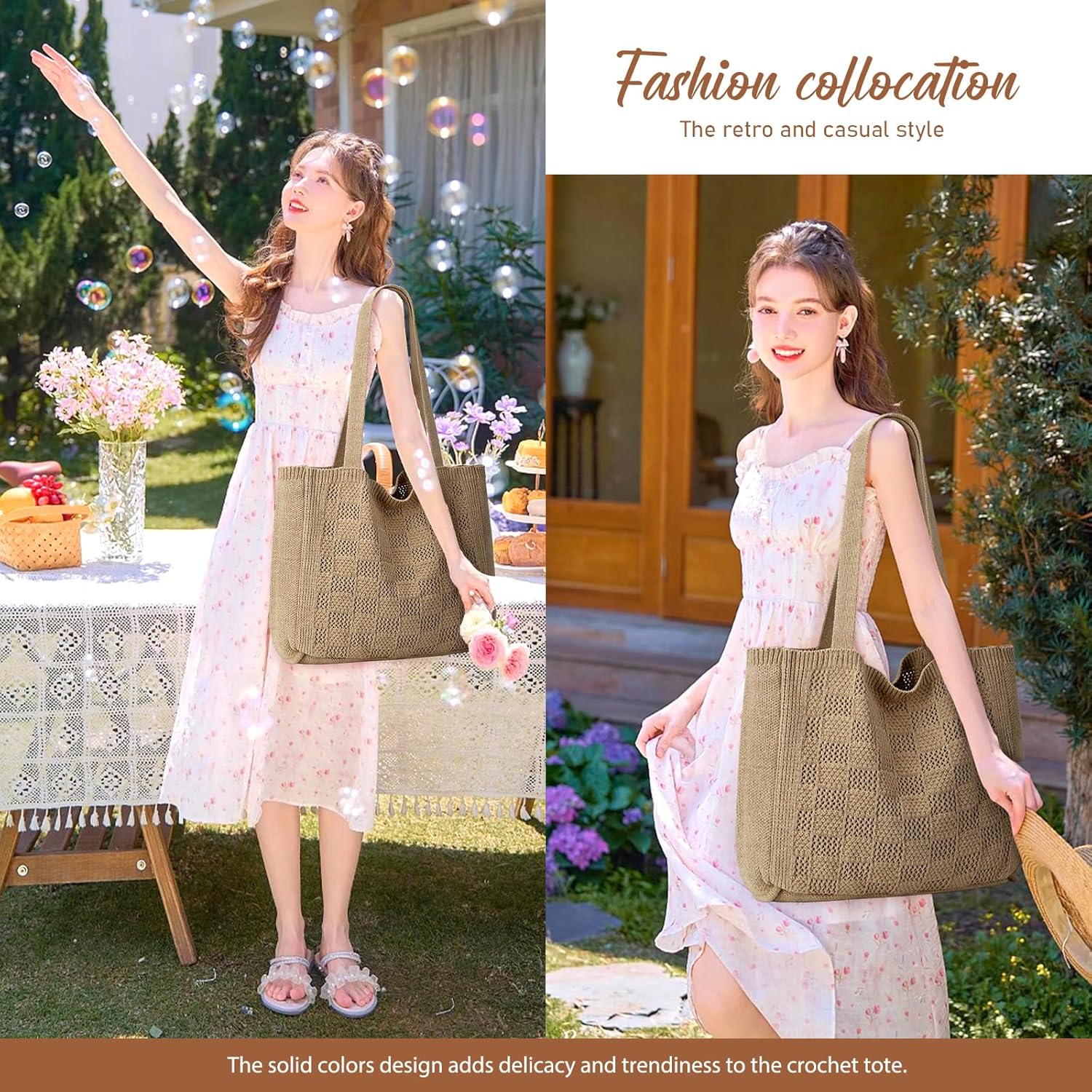 CAILDANL Crochet Bags for Women - Large Tote Aesthetic Handbag Shoulder Hippie Knit Bag