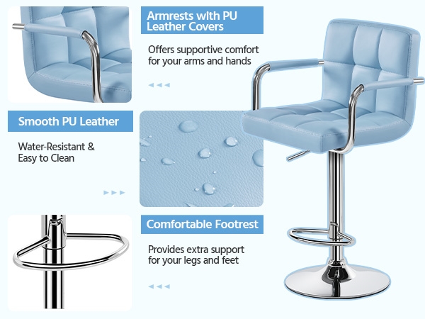 Yaheetech PU Leather Bar Stools with Large Steel Pedestal Base, Set of 2, Blue