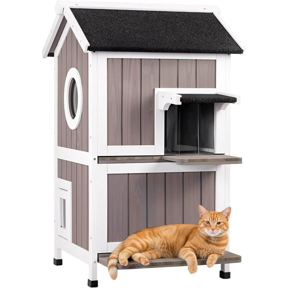 2 Story Outdoor Cat House for Winter Weatherproof Feral Cat Enclosure Shelter with Escape Door Balcony Openable Roof