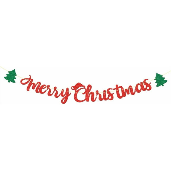 Merry Christmas Banner, Red Glitter Christmas Party Holiday Party Decorations, Christmas Tree, Mantle Home Decor