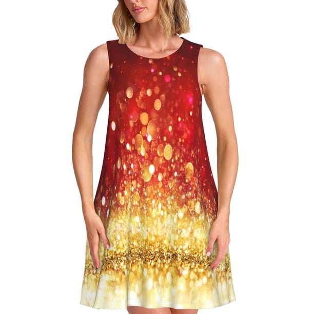 Easygdp Red Gold Glitter para Vestido Transpirable de Mujer, Vestido Suelto de Manga Corta con Pliegues y Bolsillos para el Verano