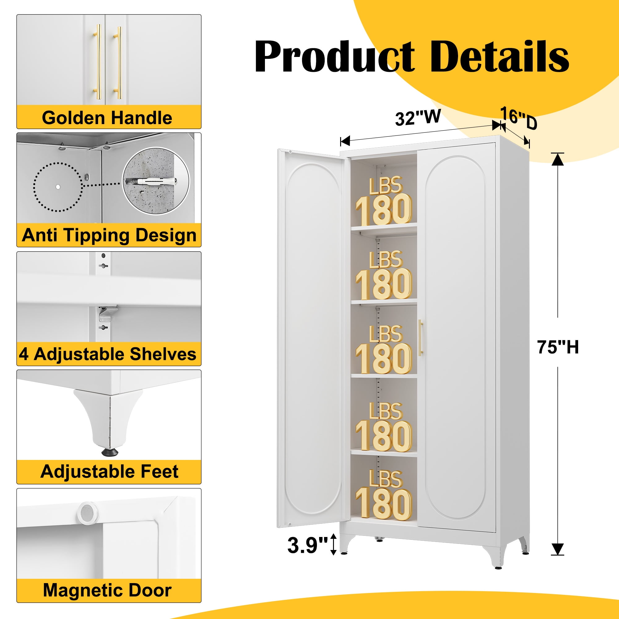 Polup 75" H Metal Storage Cabinet with 2 Doors, 4 Adjustable Shelves