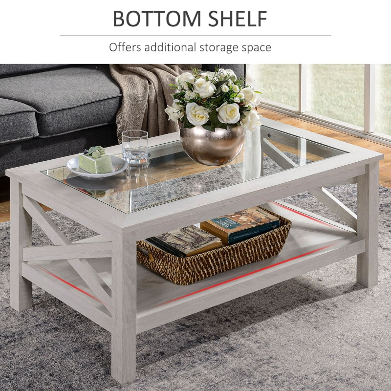 HOQBN Coffee Table with Tempered Glass Tabletop, Living Room Table with Wood Frame and Underneath Storage Shelf, White Oak