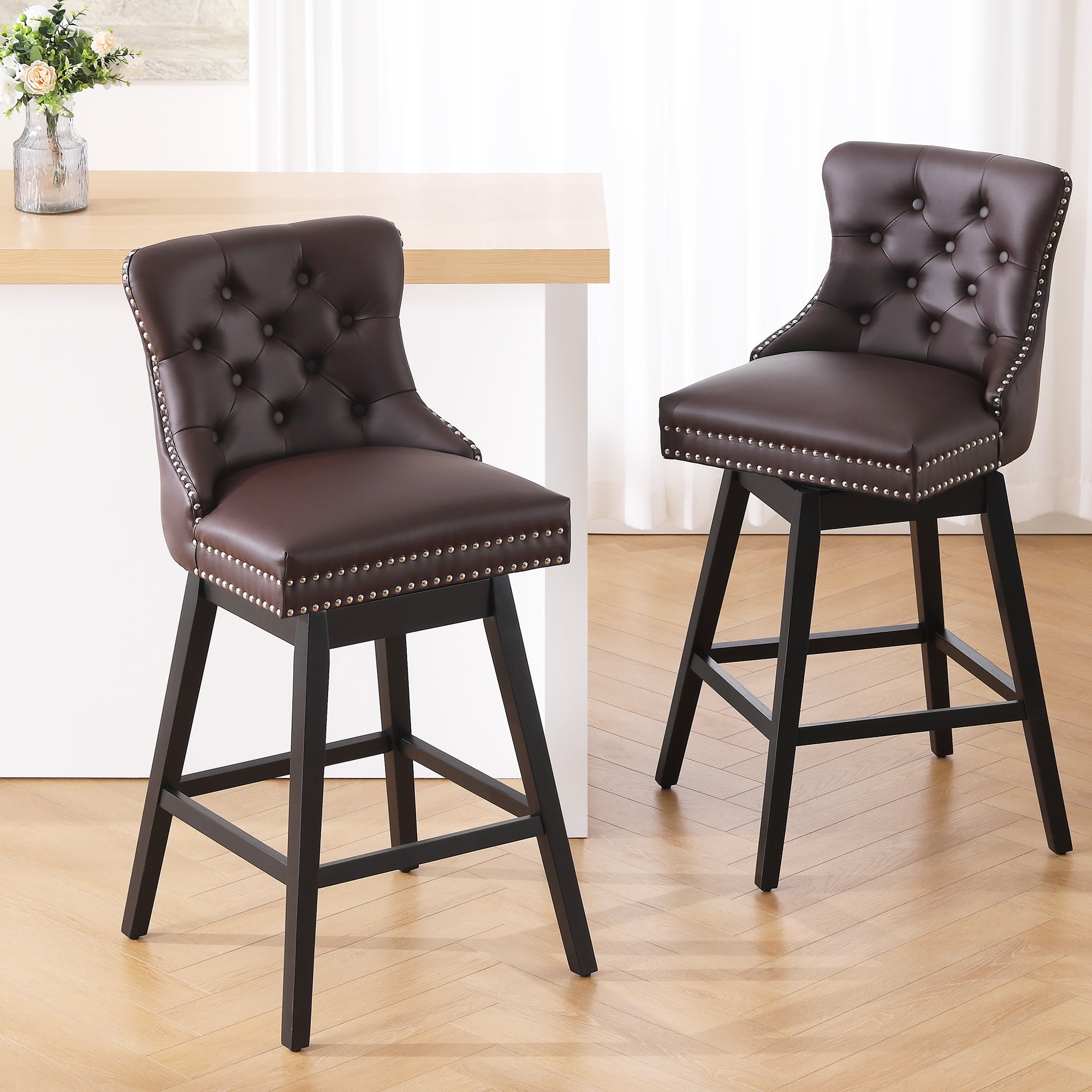 Tewloss 30" Swivel Bar Stools Set of 2 With Back Leather Bar Height Chairs for Home Kitchen, Brown