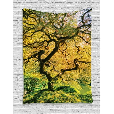 Japanese Tapestry, Shadows of Large Maple along with River with Sun Rays Fall Season Nature Theme, Wall Hanging for Bedroom Living Room Dorm Decor, Green Yellow, by