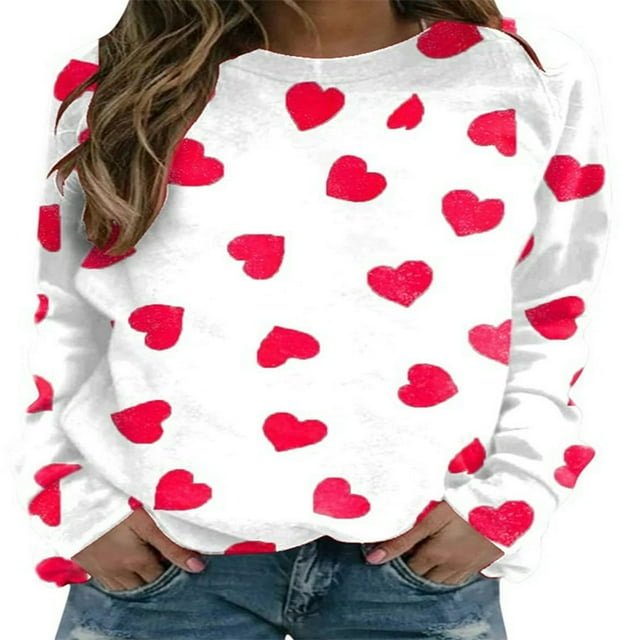 PENGXIANG Femmes Saint-Valentin Pull-Over Sweat-Shirts Coeur Lettre Imprimé Manches Longues Col Rond Tops Blanc Rose Coeur L