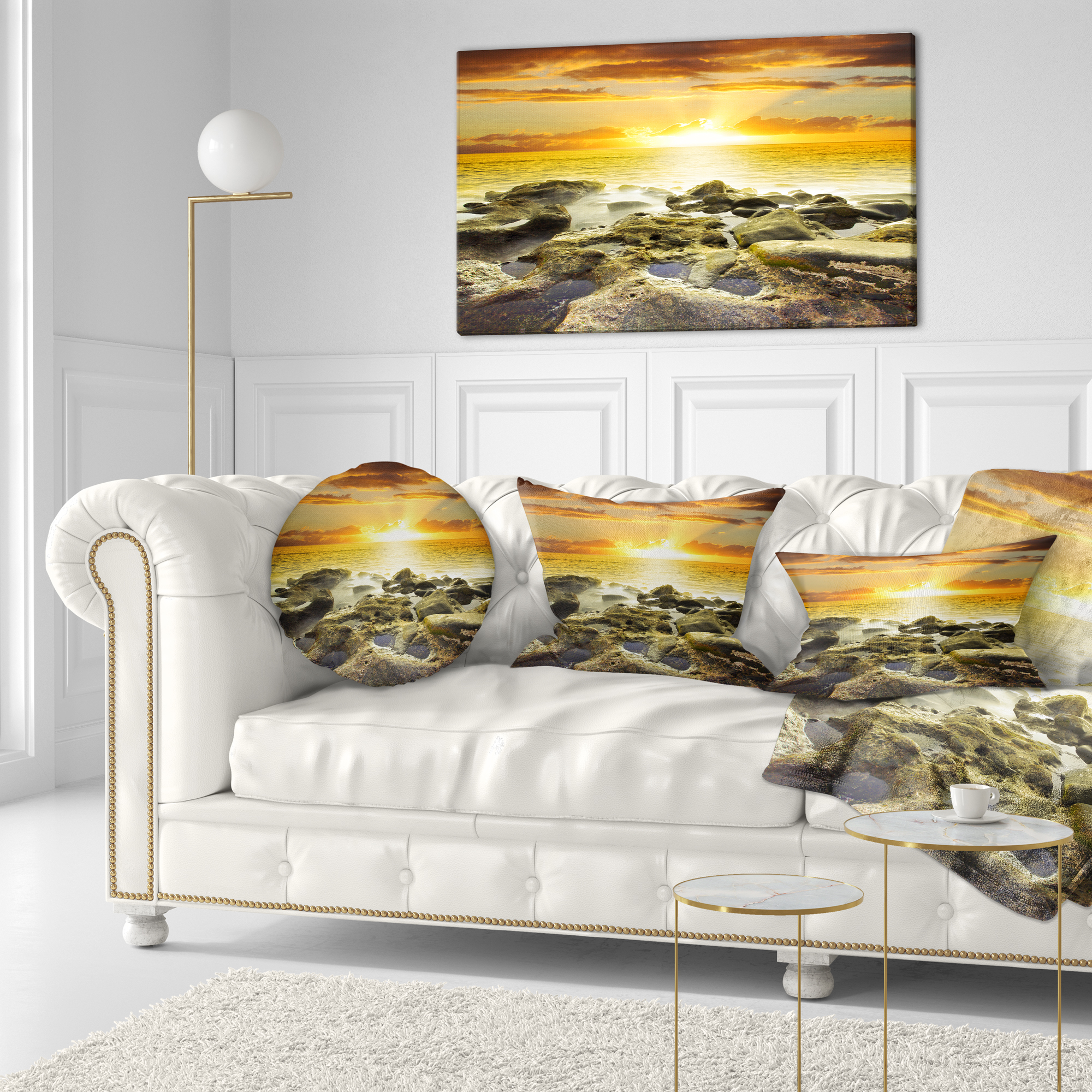 Designart Beautiful Orange Sundown Beach - Seashore Throw Pillow - 12x20