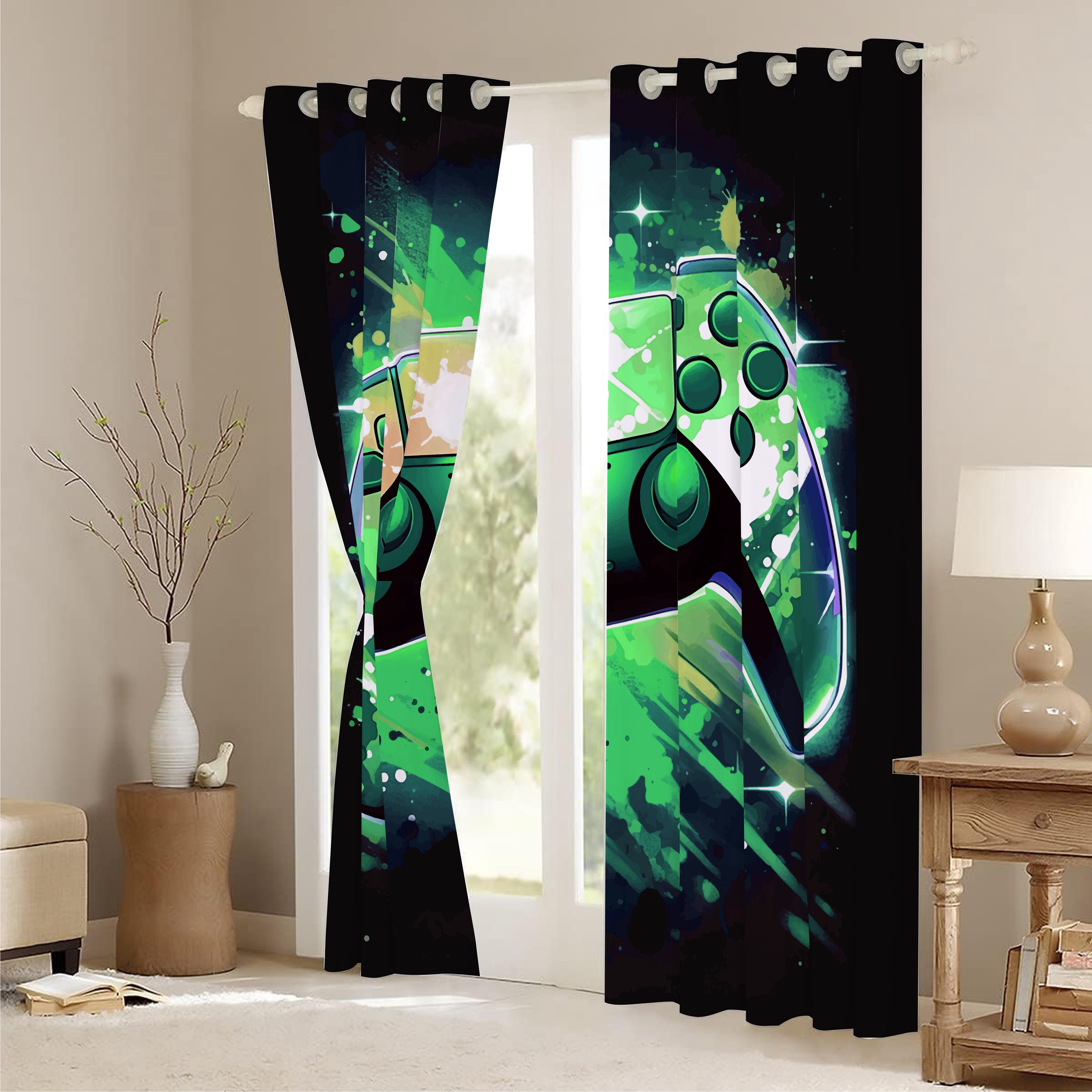 Psoiuetr Gamepad Blackout Curtains Teens Boys Kids Gaming Video Game Room Bedroom Living Room Decor Darkening Window Treatments Drapes Grommet Green 2 Panel 52" W x 63" L
