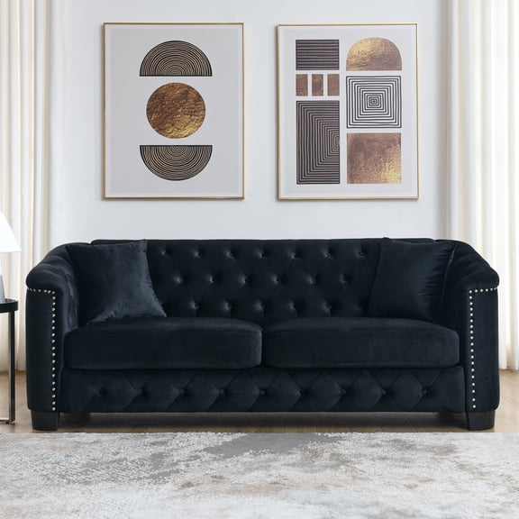 Chesterfield Velvet Sofa, 77-Inch 3-Seater Couch with Tufted Backrest and Nailhead Arms, Living Room Apartment Office, Black