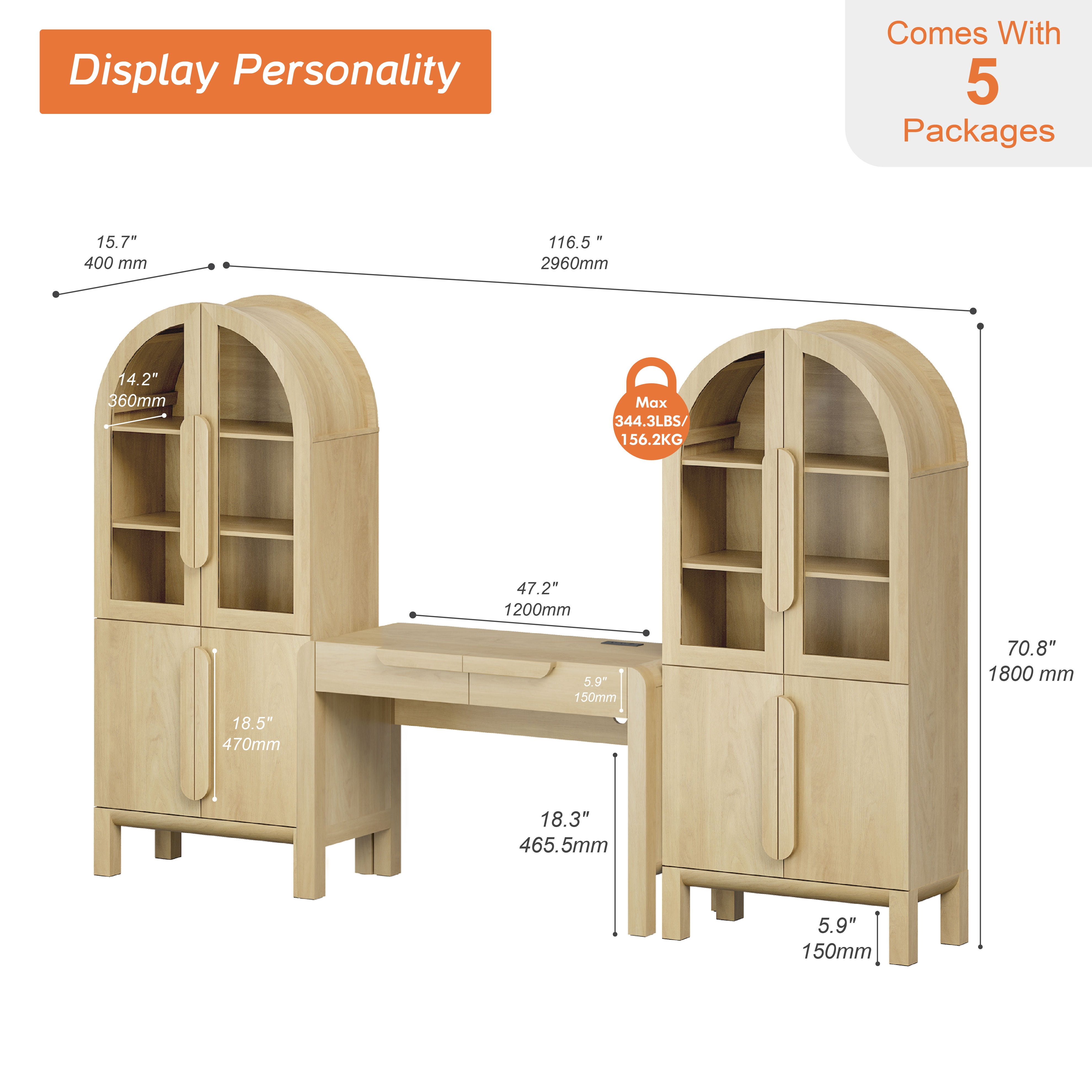 Home Office Set, 47" Modern Executive Desk with Charging Station and Drawers & 2 Piece 71"H Tall 5-Tier Arched Bookcases with Glass Door for Living Room, Bedroom, Home Office