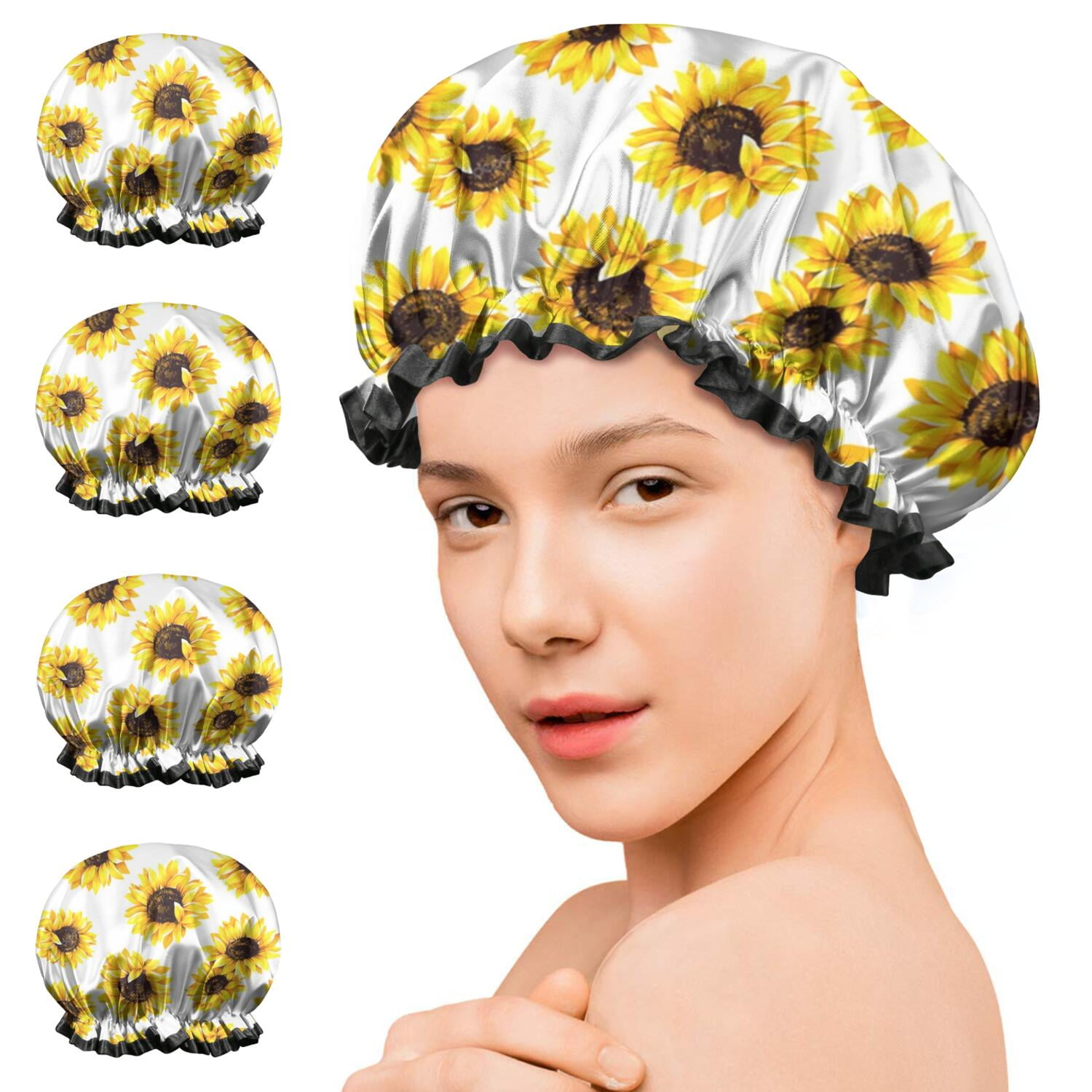 Shower Caps,White Yellow Sunflower Pattern Waterproof Shower Cap for Women 4 Pieces,Double Reusable Hair Cover for Shower PEVA Elastic Stretch Hem