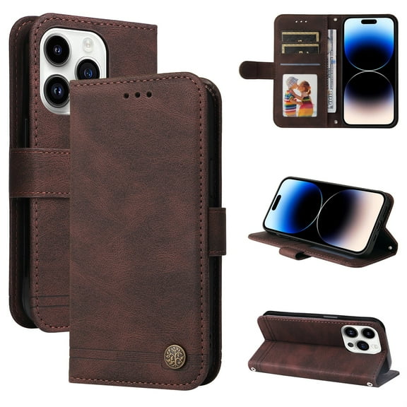 SaniMore Case for iPhone 15 Pro Max 6.7" 2023 with Wrist/Crossbody StrapRetro PU Leather Anti-scratch Card Slots Cash Pocket Kickstand Shockproof Anti-drop Wallet Business Cover, Brown