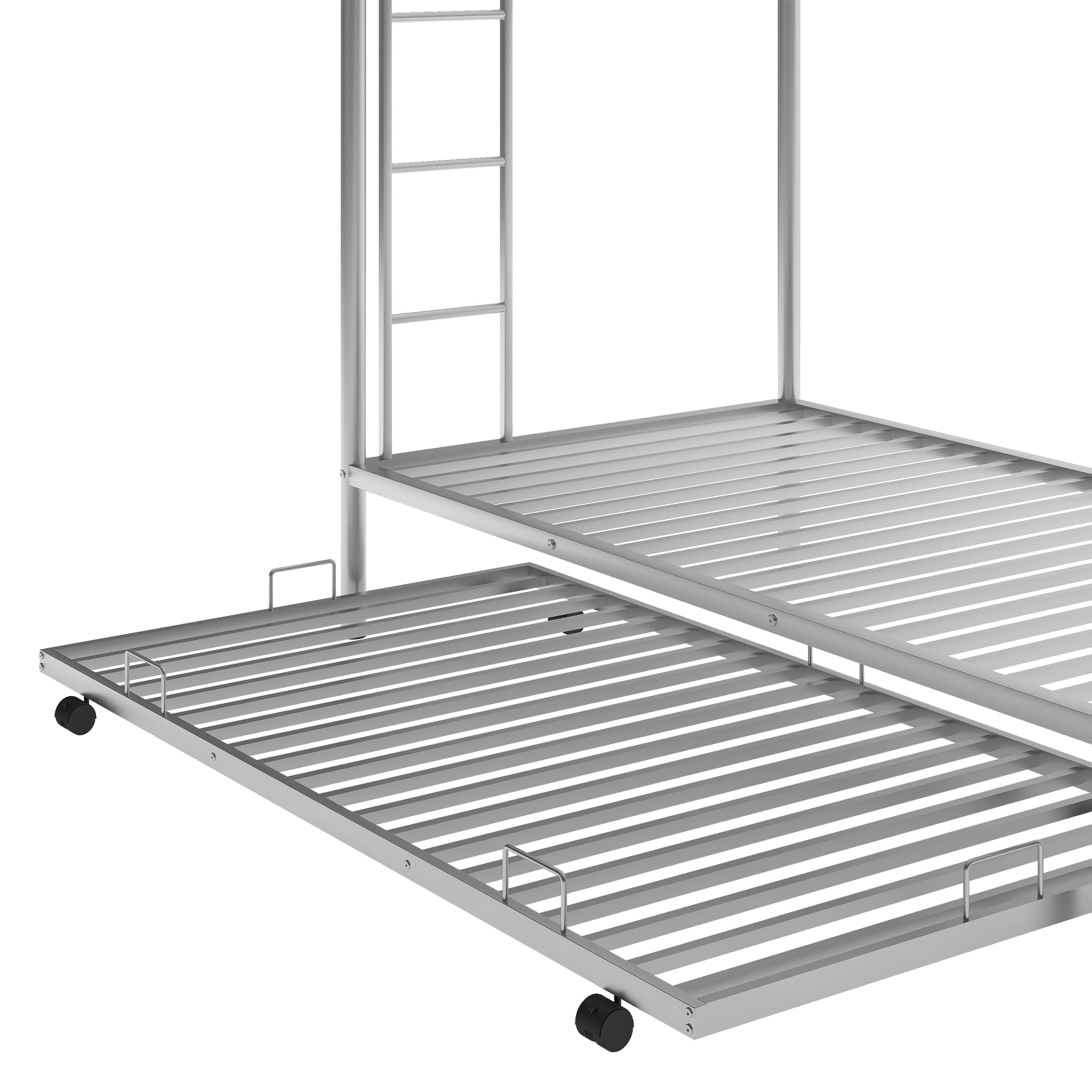 Euroco Modern Metal Twin over Twin Bunk Bed with Trundle for Kids Teens, 3 Twin Size Beds, Solid Ladder and Safety Guardrails, Silver