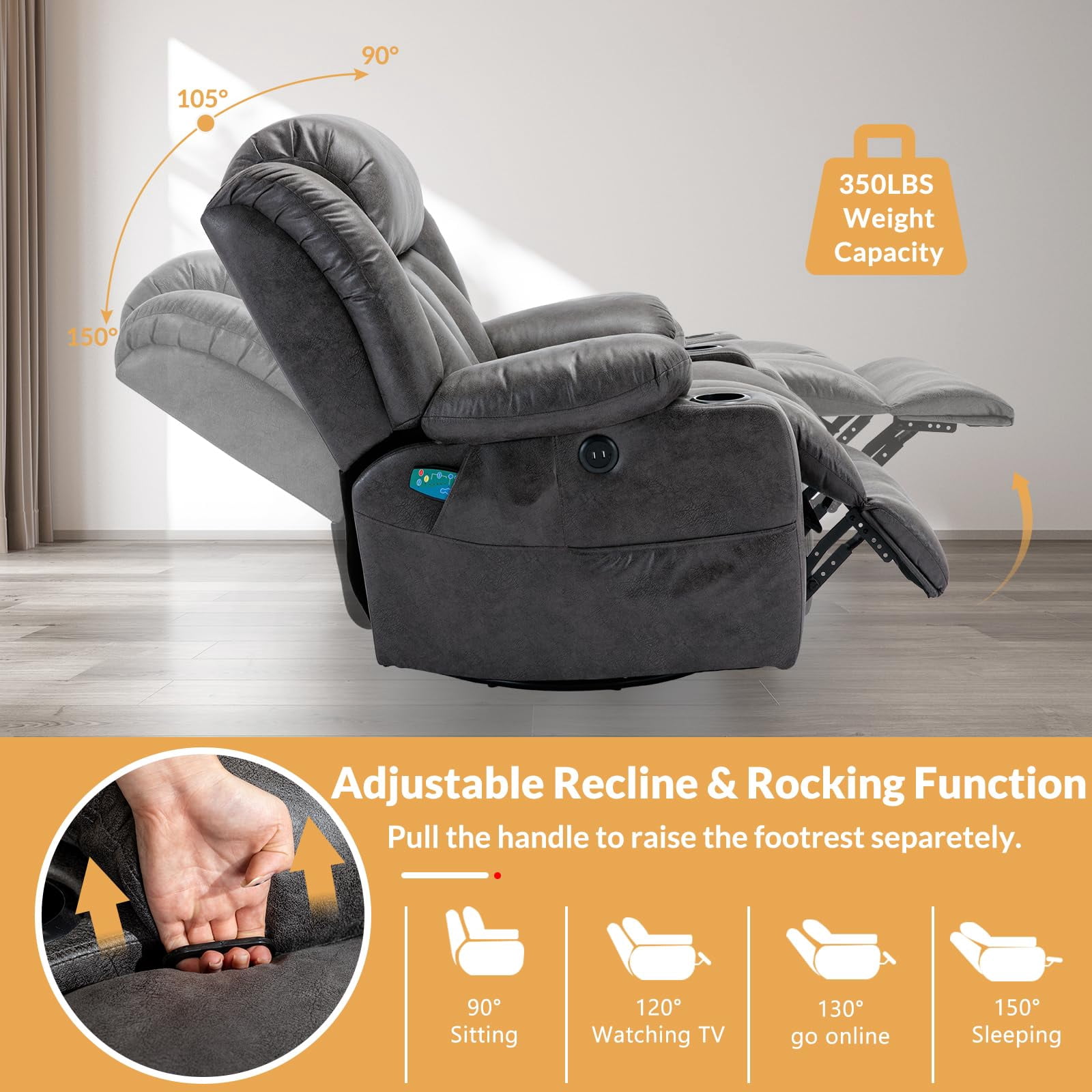 OUINCH Manual Swivel Glider Rocker Recliner Chair with Massage and Heat, USB Ports, Side Pockets and Cup Holders