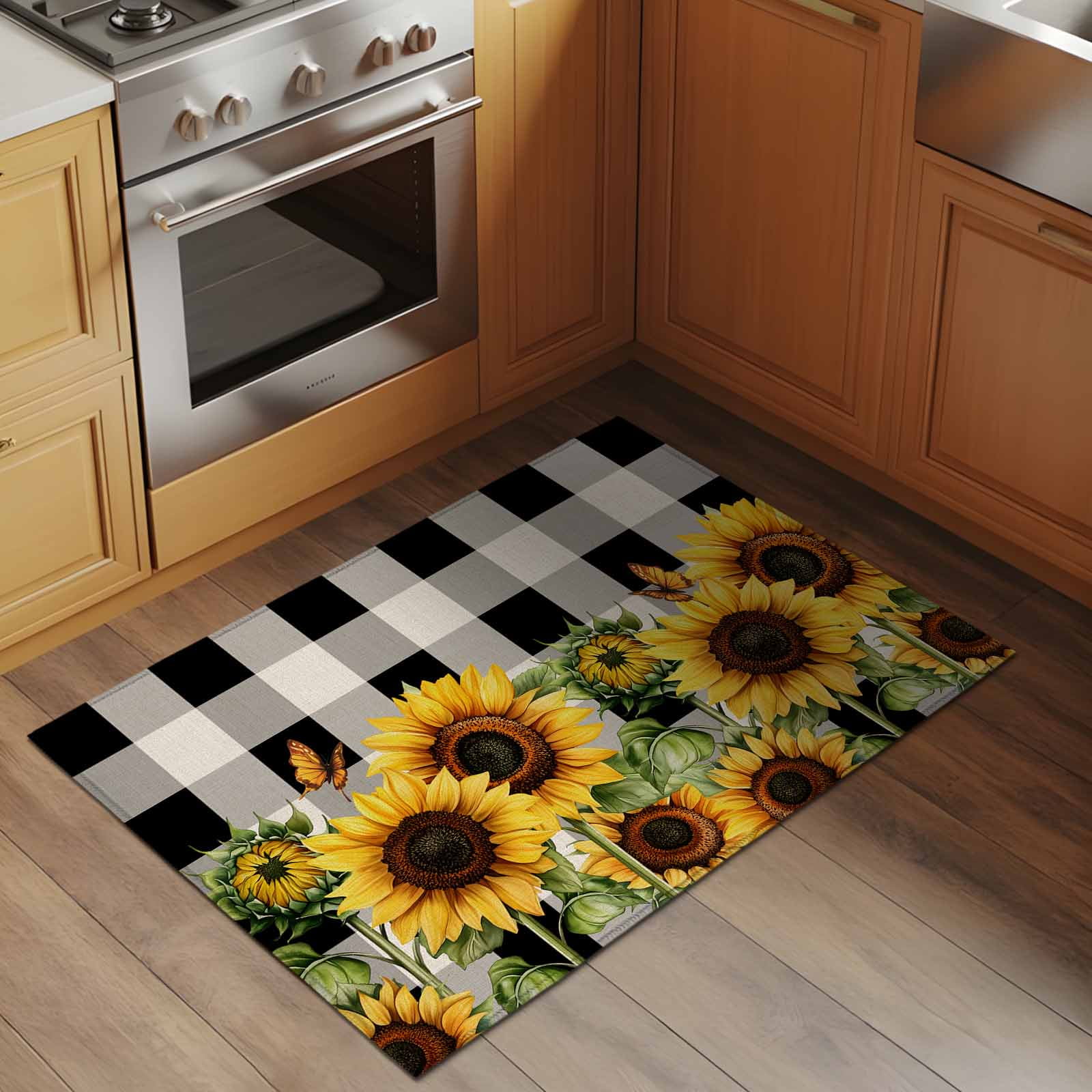Entrance Runner Rug 2'x3', Sunflower Checkered Non-slip Doormat for Indoor Outdoor Entrance, Black Buffalo Plaid Pastoral Flowers Throw Floor Mat for Front Door/Living Room/Bedroom/Bathroom/Kitchen
