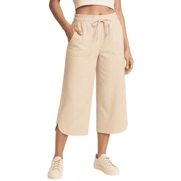 SOMER Linen Pants Women Wide Leg Cropped Capri Pants for Women with Drawstring High Waist Loose Fit Summer Beach Trousers with Pockets, Apricot