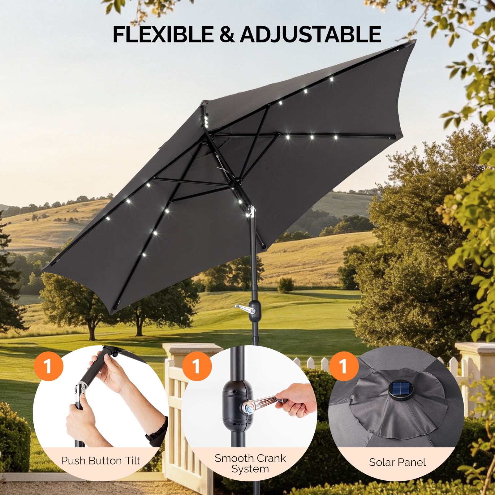 9ft Solar Patio Umbrella with LED Lights, UPF 50+ Waterproof Solution-Dyed Polyester Canopy, 6 Iron Ribs, Push Button Tilt & Crank Lift, Wind Resistant for Patio Garden Poolside