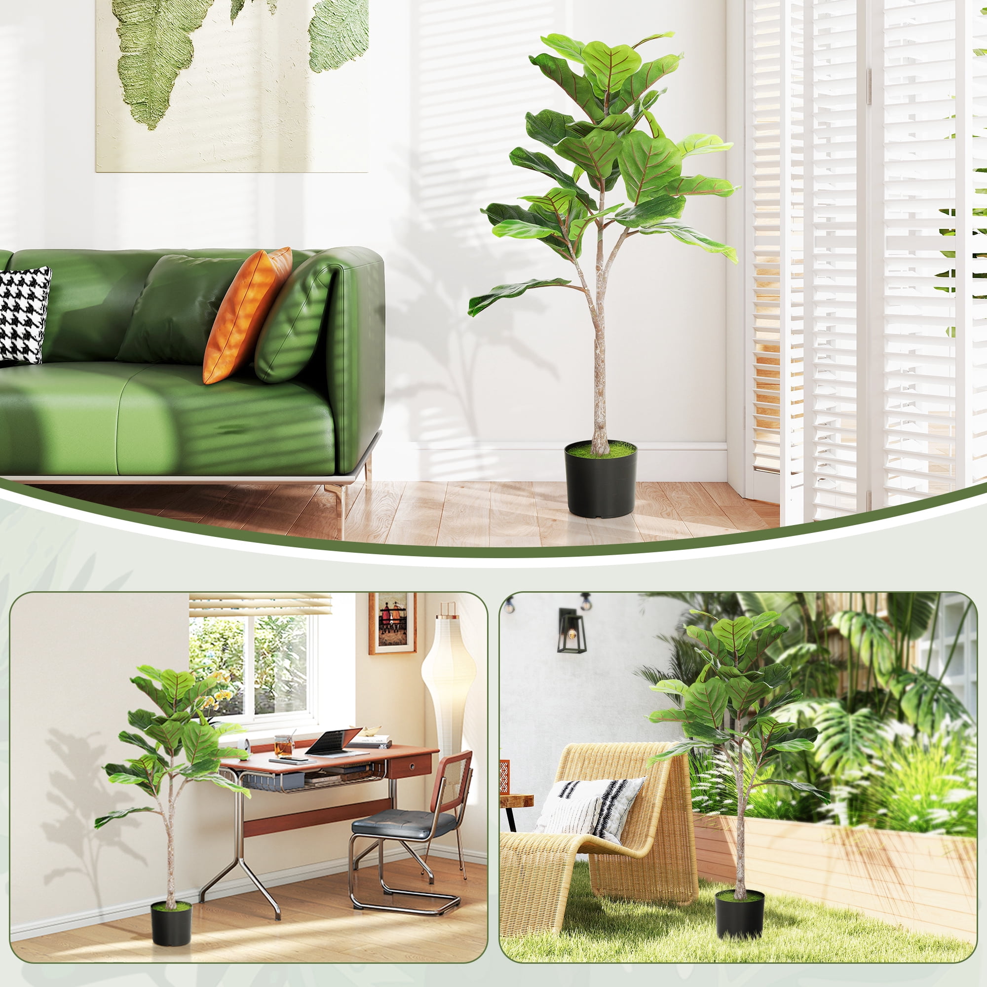 HOMCOM Fake Plant, Artificial Fiddle Leaf Fig Tree, Potted Plant with 28 PEVA Leaves and Flocked Soil, Green