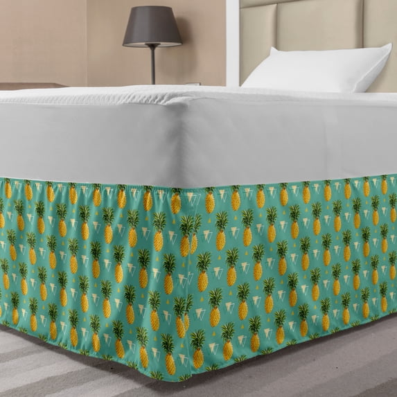 Pineapple Bed Skirt, Geometric Hipster Design Tropical Climate Fruits Pattern Retro Summer, Elastic Bedskirt Dust Ruffle Wrap Around for Bedding Decor, 4 Sizes, Orange Seafoam Green, by Ambesonne